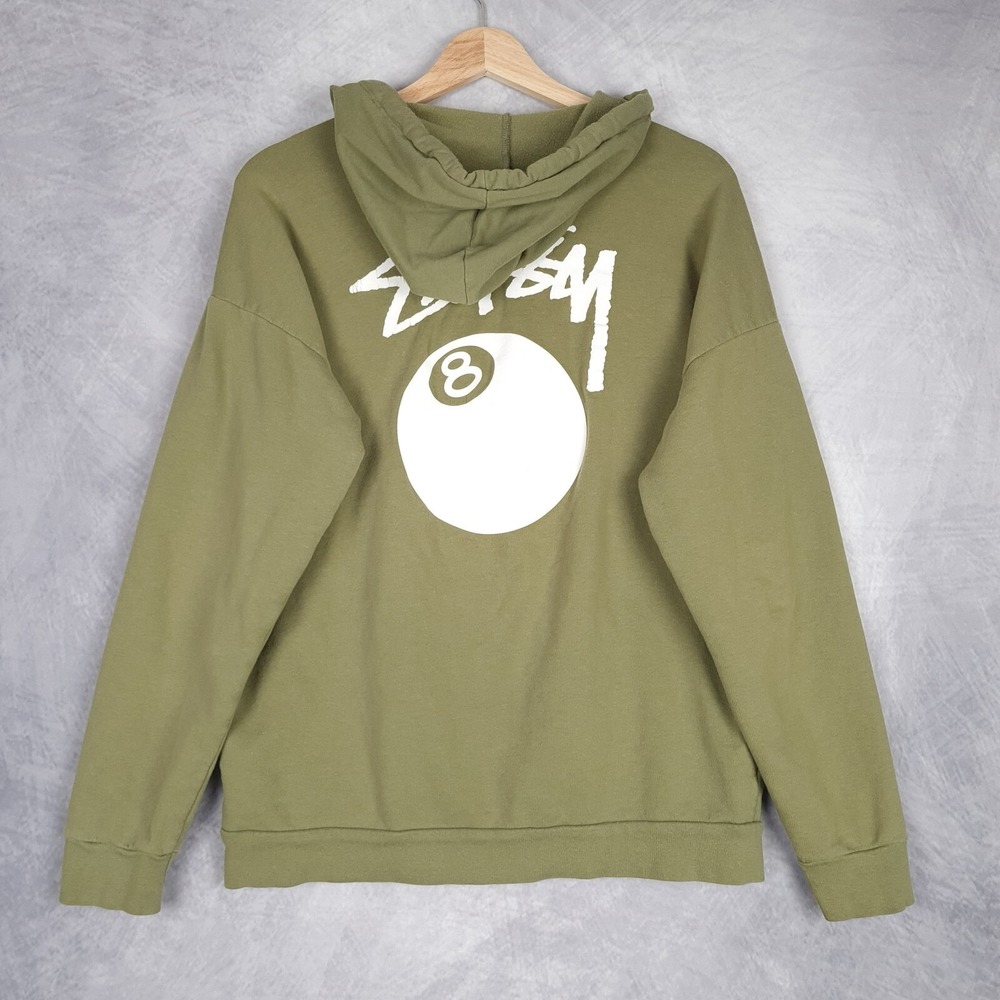 Stussy Hoodie Mens Medium Green Pullover 8 Ball Graphic Logo Spellout
